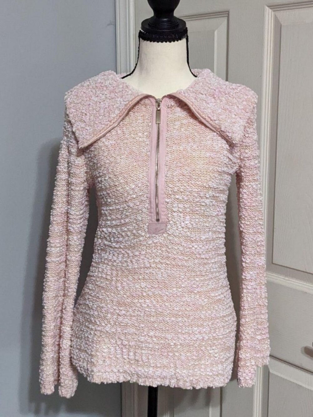 Soft Surroundings Pink Textured Half Zip Sweater Oversized Collar Small S